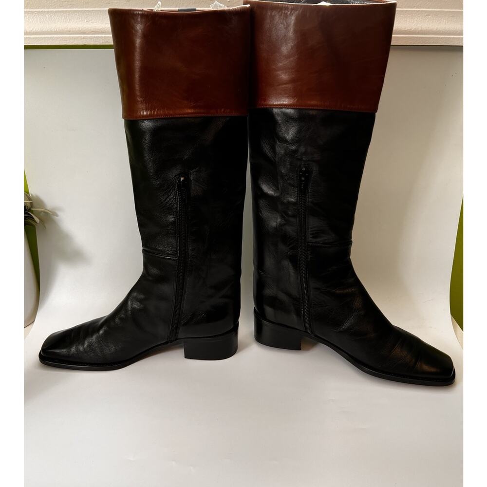 Stuart Weitzman Two-tone Leather Boots 7 B Knee High Square Toe Black & Brown - Picture 4 of 9